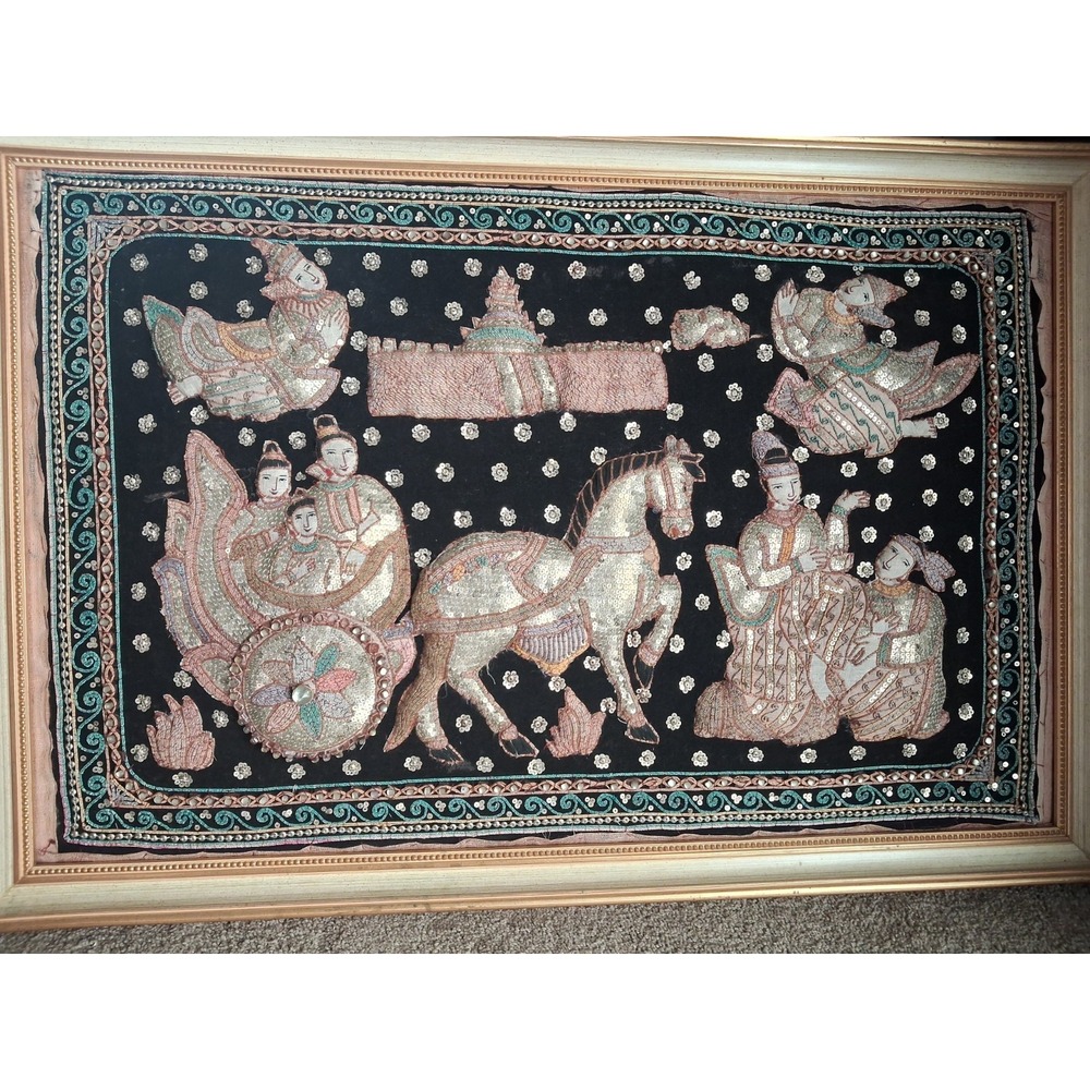 Vintage Thai Burma Myanmar Kalaga Tapestry Ramayana - Koi  Sequins